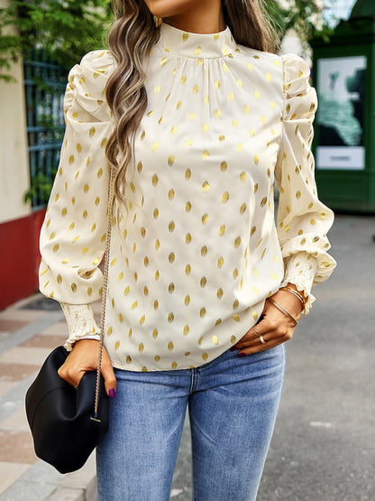 Gold Dot Print Temperament commuting round neck long-sleeved blouse