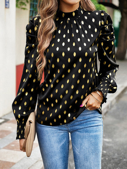 Gold Dot Print Temperament commuting round neck long-sleeved blouse