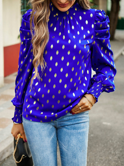 Gold Dot Print Temperament commuting round neck long-sleeved blouse