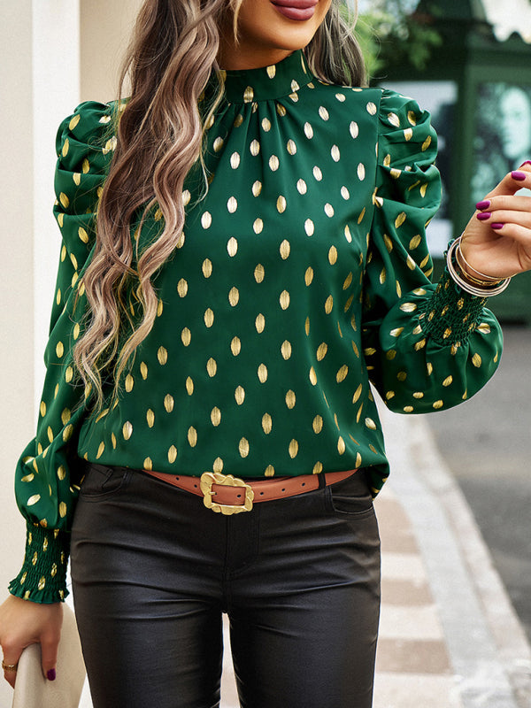 Gold Dot Print Temperament commuting round neck long-sleeved blouse