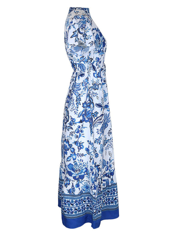 New Fashion Blue Printed Slim Dress