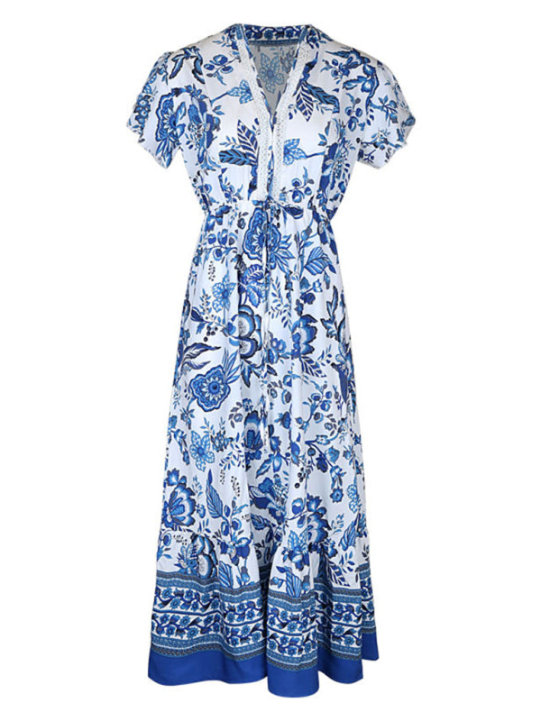 New Fashion Blue Printed Slim Dress