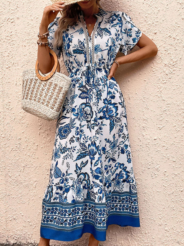 New Fashion Blue Printed Slim Dress