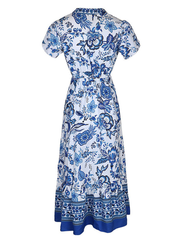 New Fashion Blue Printed Slim Dress