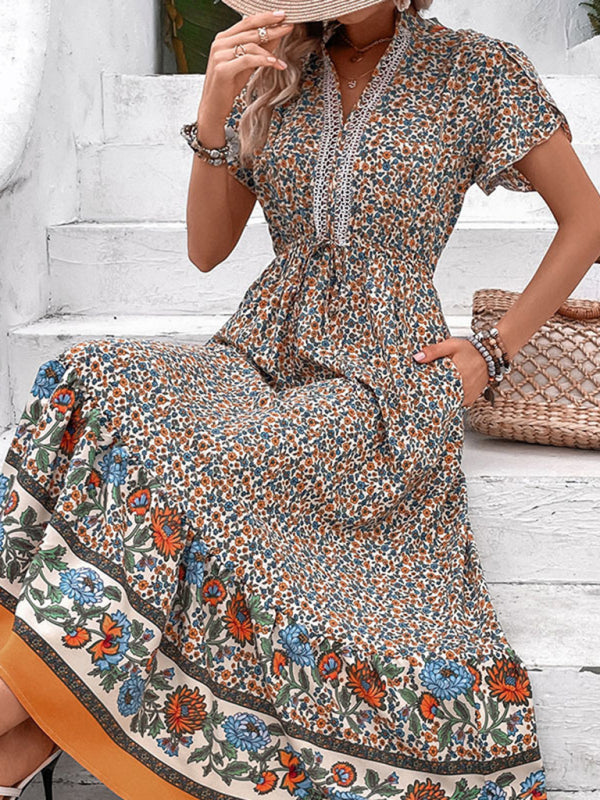 New fashion ethnic style V-neck floral dress