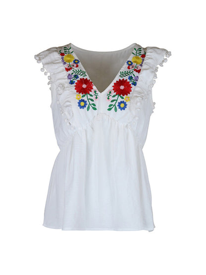 Women's Sleeveless Embroidered White Shirt