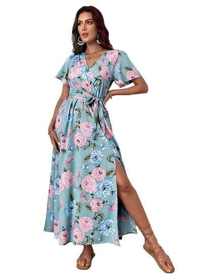 Floral Print Wrap Maxi Vacation Dress