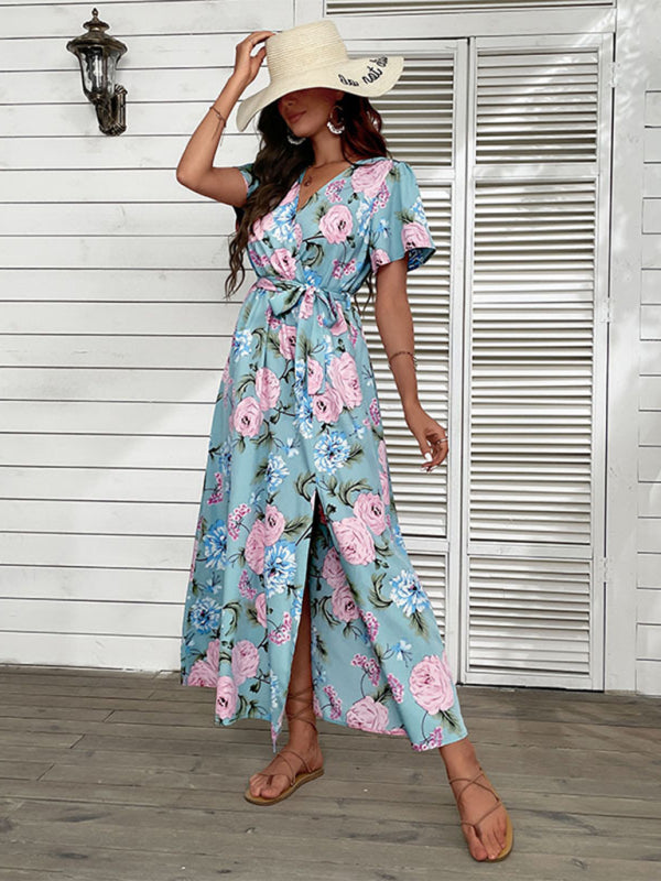 Floral Print Wrap Maxi Vacation Dress