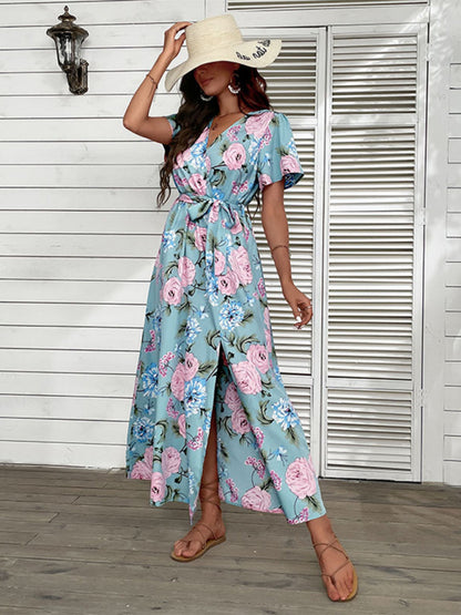 Floral Print Wrap Maxi Vacation Dress