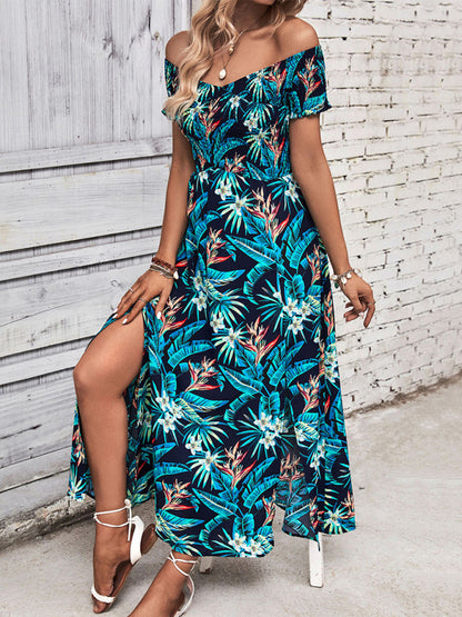 Tropical Floral Print Off-Shoulder Vacation Dress