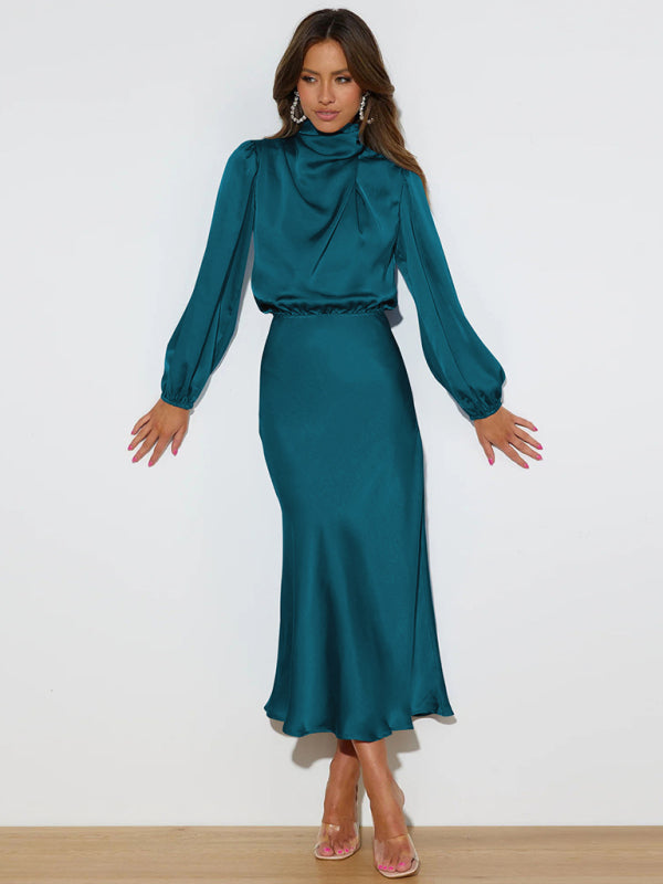 Elegant elegant women's satin long sleeve loose dress