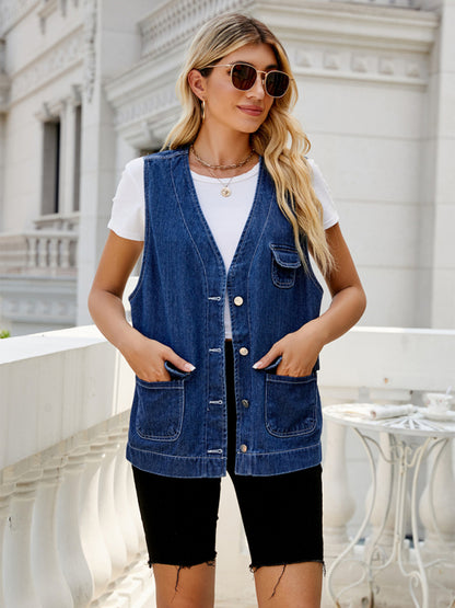 New Denim Vest Multi-Pocket Personality Washable Vest for Women