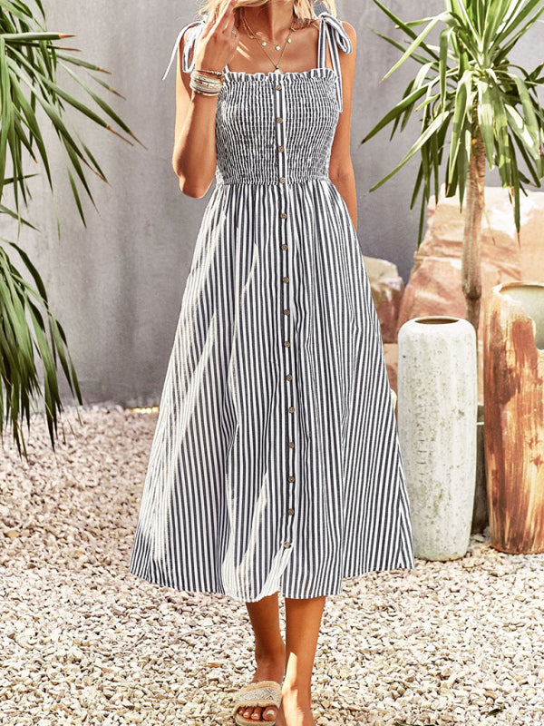 New striped temperament elegant suspender dress