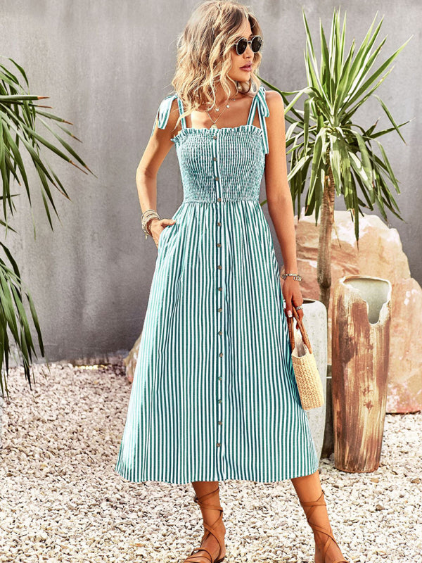 New striped temperament elegant suspender dress