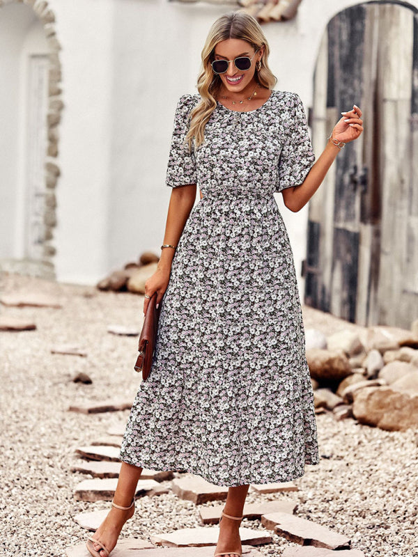 New round neck printed waist temperament A-line dress