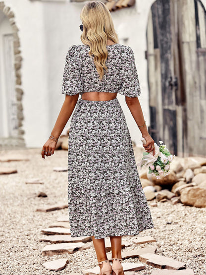 New round neck printed waist temperament A-line dress