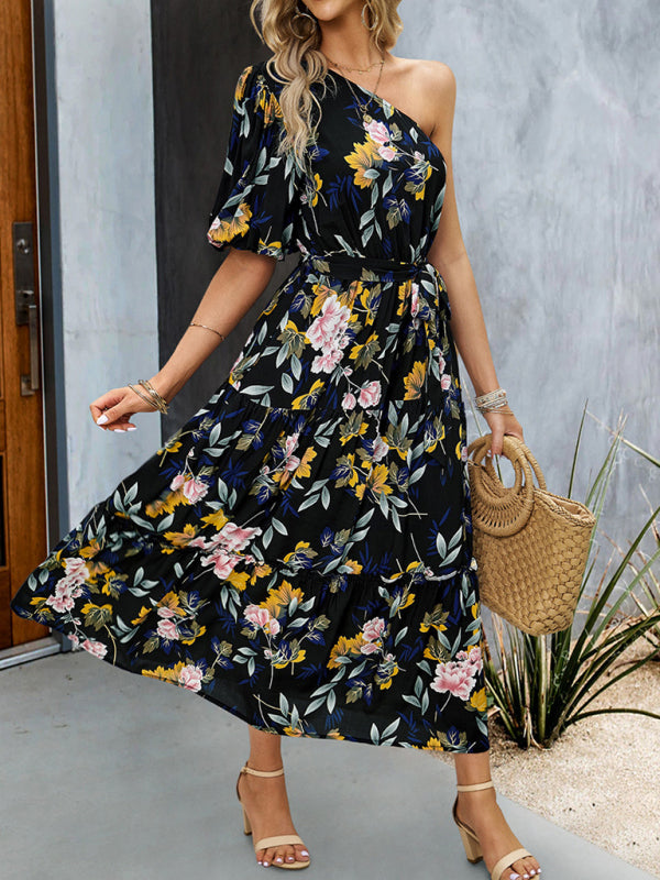 Women's printed temperament elegant one-shoulder long dress