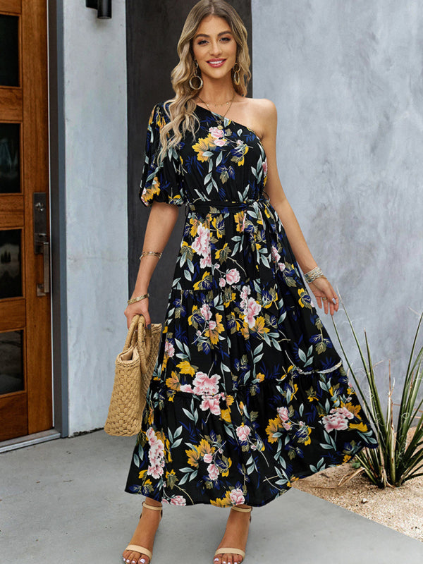 Women's printed temperament elegant one-shoulder long dress