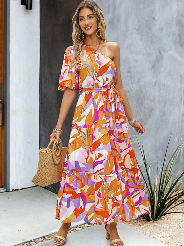 Women's printed temperament elegant one-shoulder long dress