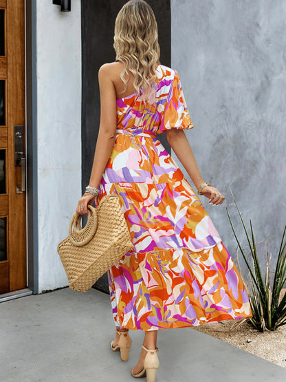 Women's printed temperament elegant one-shoulder long dress