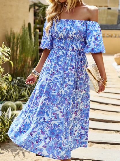 Women's Elegant Puff Sleeve Square Neck Printed Long Dress