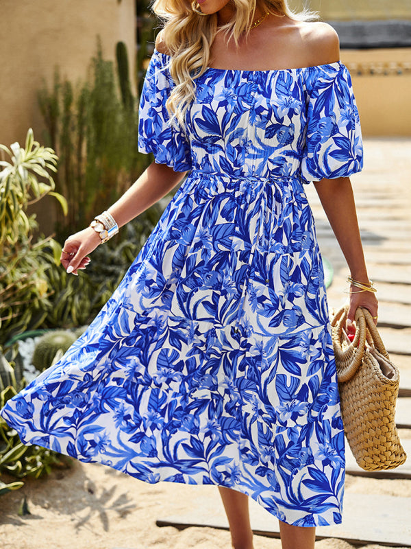 Women's Elegant Puff Sleeve Square Neck Printed Long Dress