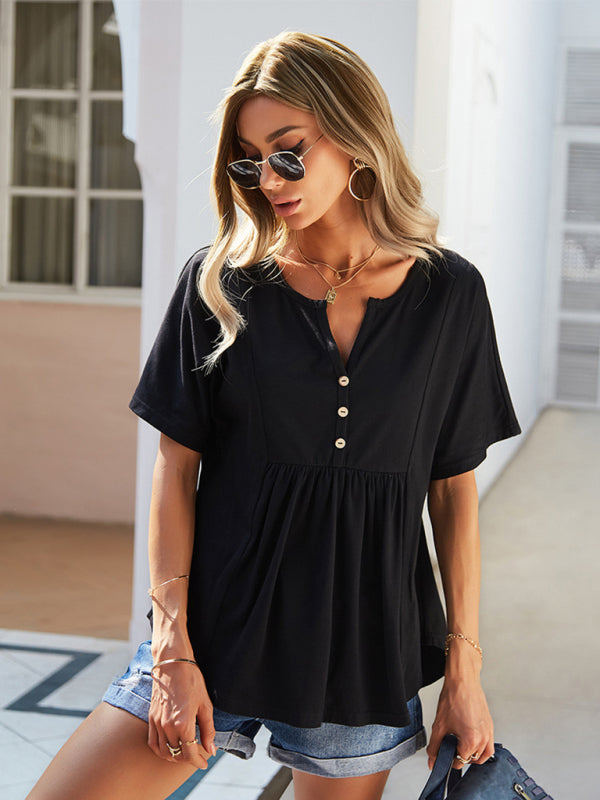 New casual V-neck solid color babydoll short-sleeved T-shirt