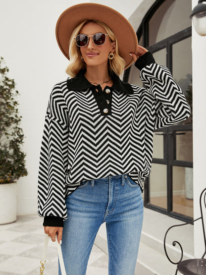 Women's Fashion Striped Knit Long Sleeve Colorblock Lapel Sweater