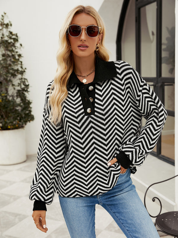 Women's Fashion Striped Knit Long Sleeve Colorblock Lapel Sweater