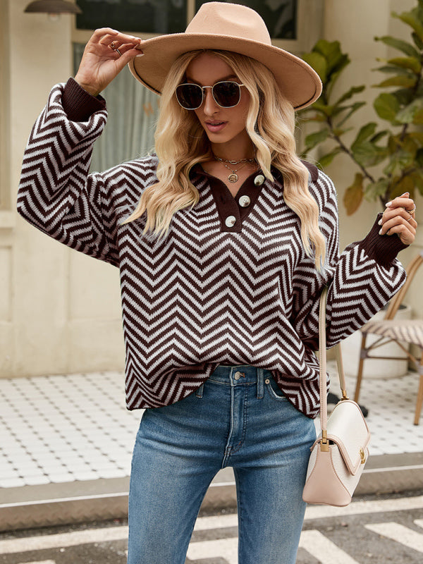 Women's Fashion Striped Knit Long Sleeve Colorblock Lapel Sweater