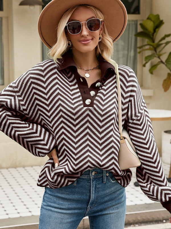 Women's Fashion Striped Knit Long Sleeve Colorblock Lapel Sweater