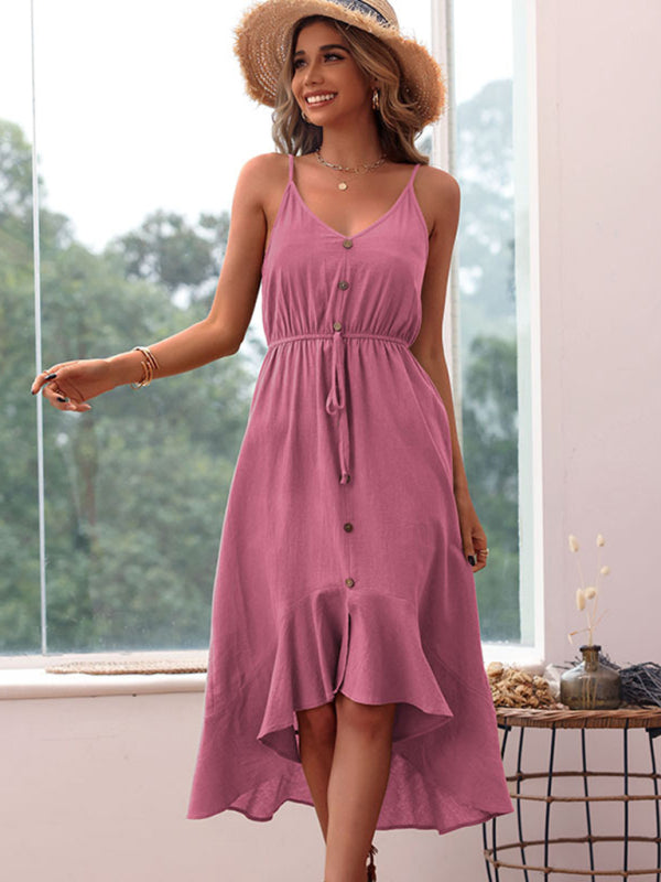 New women's solid color suspender cotton linen dress