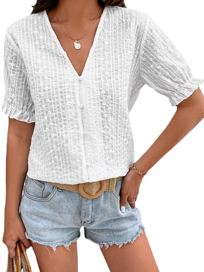 Ladies New Lace Puff Sleeve Button Up Street Top Short Sleeve Lace Top