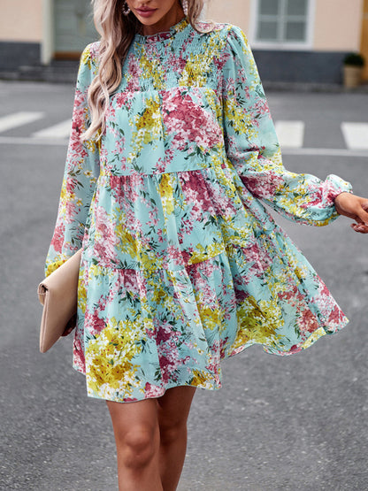 High Neck Stretch Ruffle Long Sleeve Dress