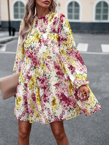 High Neck Stretch Ruffle Long Sleeve Dress