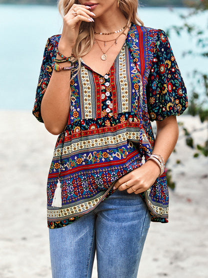 Bohemian Print Button Up Women's Blouse