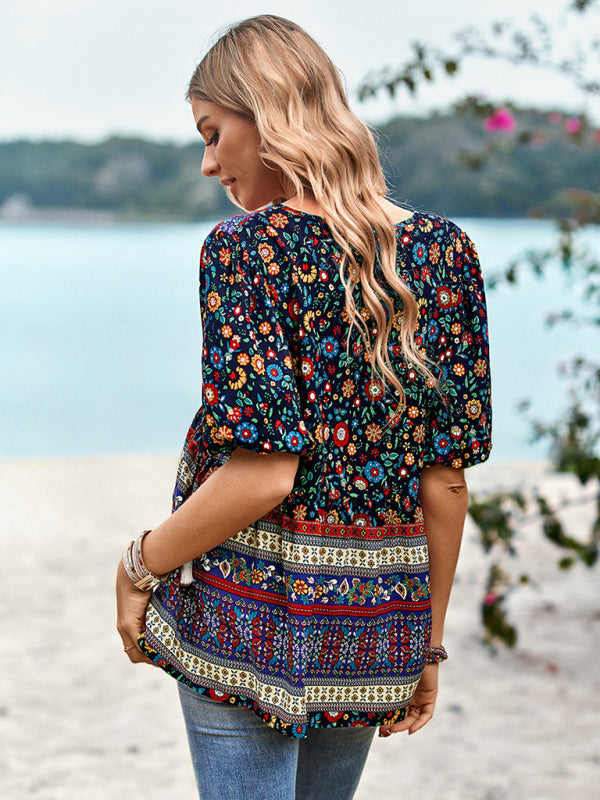 Bohemian Print Button Up Women's Blouse