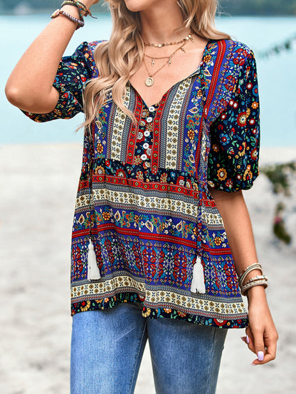 Bohemian Print Button Up Women's Blouse