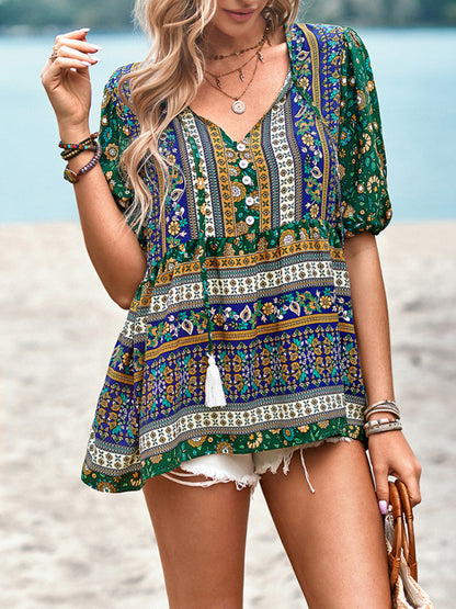 Bohemian Print Button Up Women's Blouse