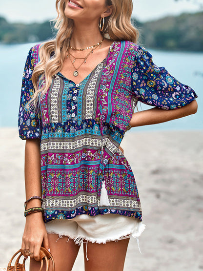 Bohemian Print Button Up Women's Blouse