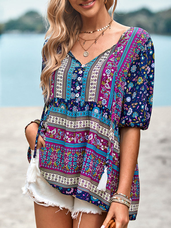 Bohemian Print Button Up Women's Blouse