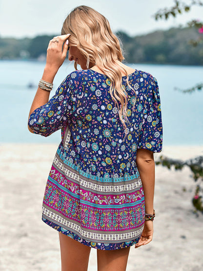 Bohemian Print Button Up Women's Blouse