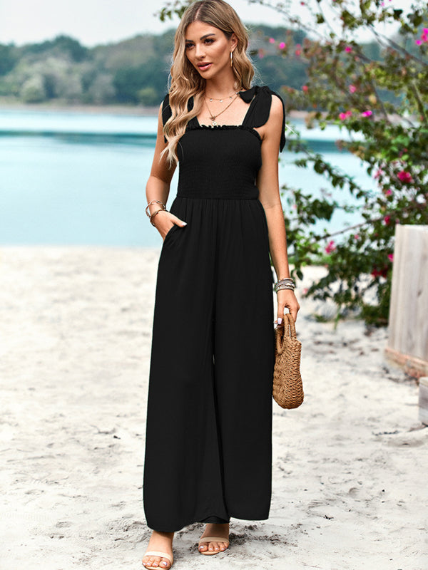 New temperament casual solid color high waist wrap chest suspender jumpsuit wide leg pants