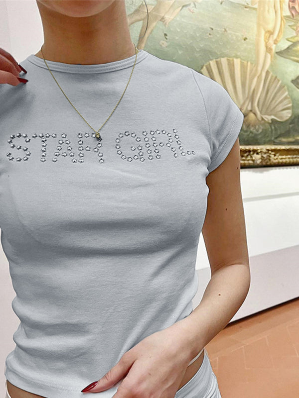 Short-sleeved T-shirt letter ironing rhinestone inner layered slim top