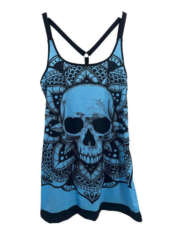 Sling Fashion Skull Printed Vest Spring Summer Sleeveless Backless T-Shirt Top