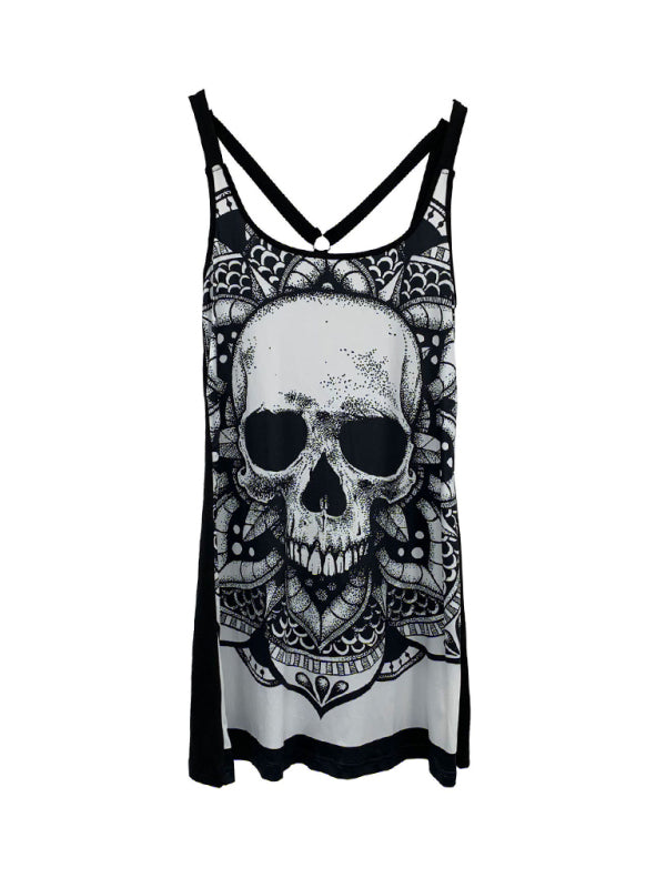 Sling Fashion Skull Printed Vest Spring Summer Sleeveless Backless T-Shirt Top