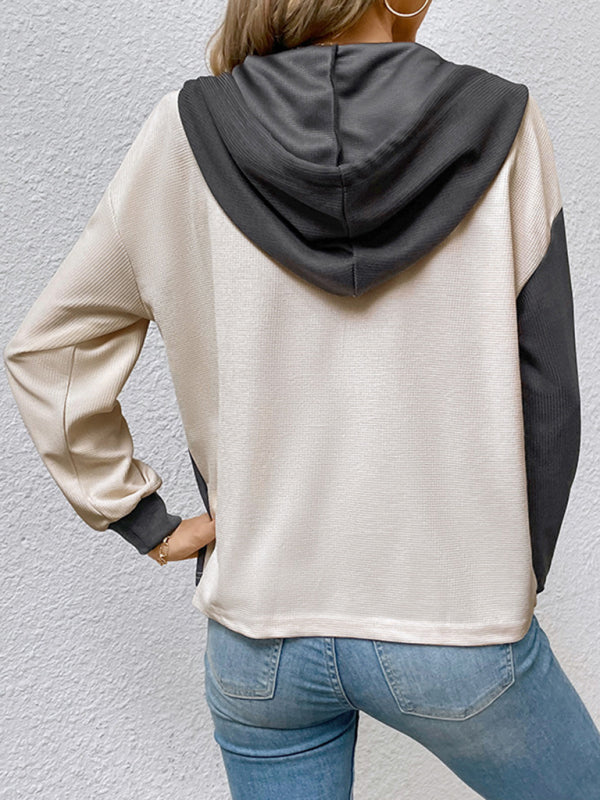 New women's long-sleeved contrast color hooded sweater