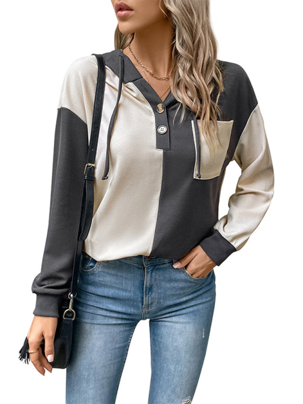 New women's long-sleeved contrast color hooded sweater