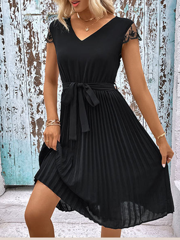 New women's lace stitching solid color pleated dress