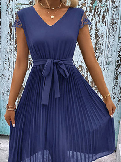 New women's lace stitching solid color pleated dress